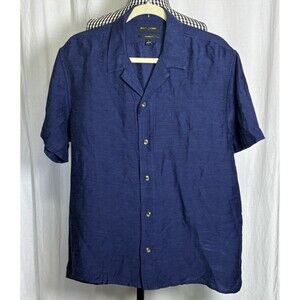 Banana Republic Satin Shirt Men Large Navy Blue Linen Blend Loop Collar NEW $75